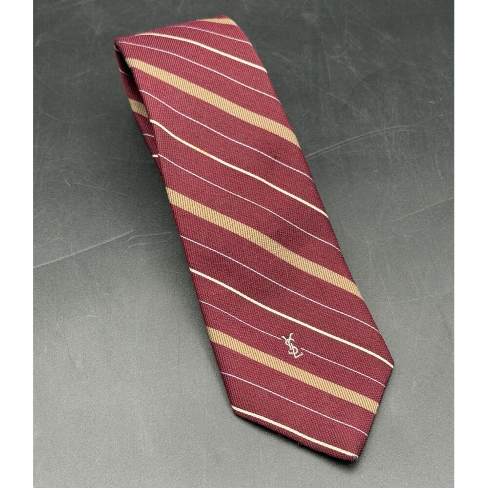 Vintage Yves Saint Laurent YSL Men’s Neck Tie Burgundy w/ Diagonal Stripes